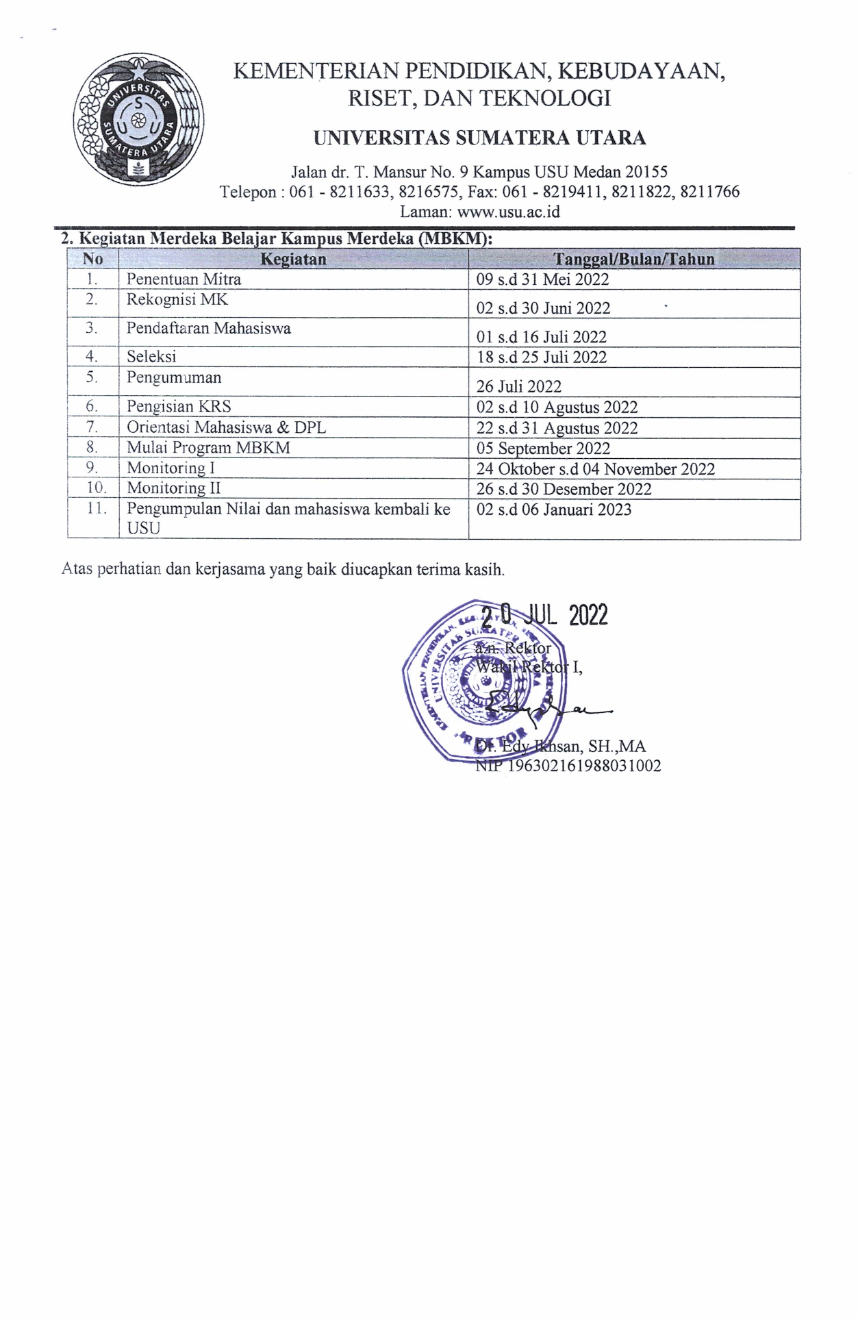 Jadwal Akademik USU Semester Ganjil T.A 2022/2023